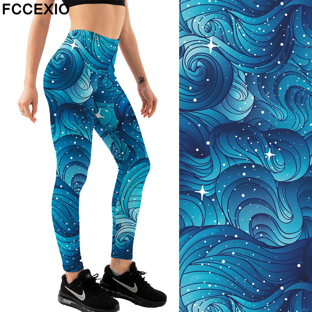 FCCEXIO Brand 3D Natural Starry Clouds or Hair Print Girl Leggings High Waist Elastic Pants Fitness Women Leggings