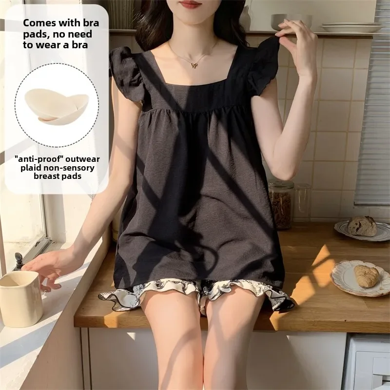 

Summer Sexy loose tank Tops and Shorts 2 Pieces set Pyjamas cartoon Pajamas Set with Chest Pad for Women Homewear girl Sleepwear