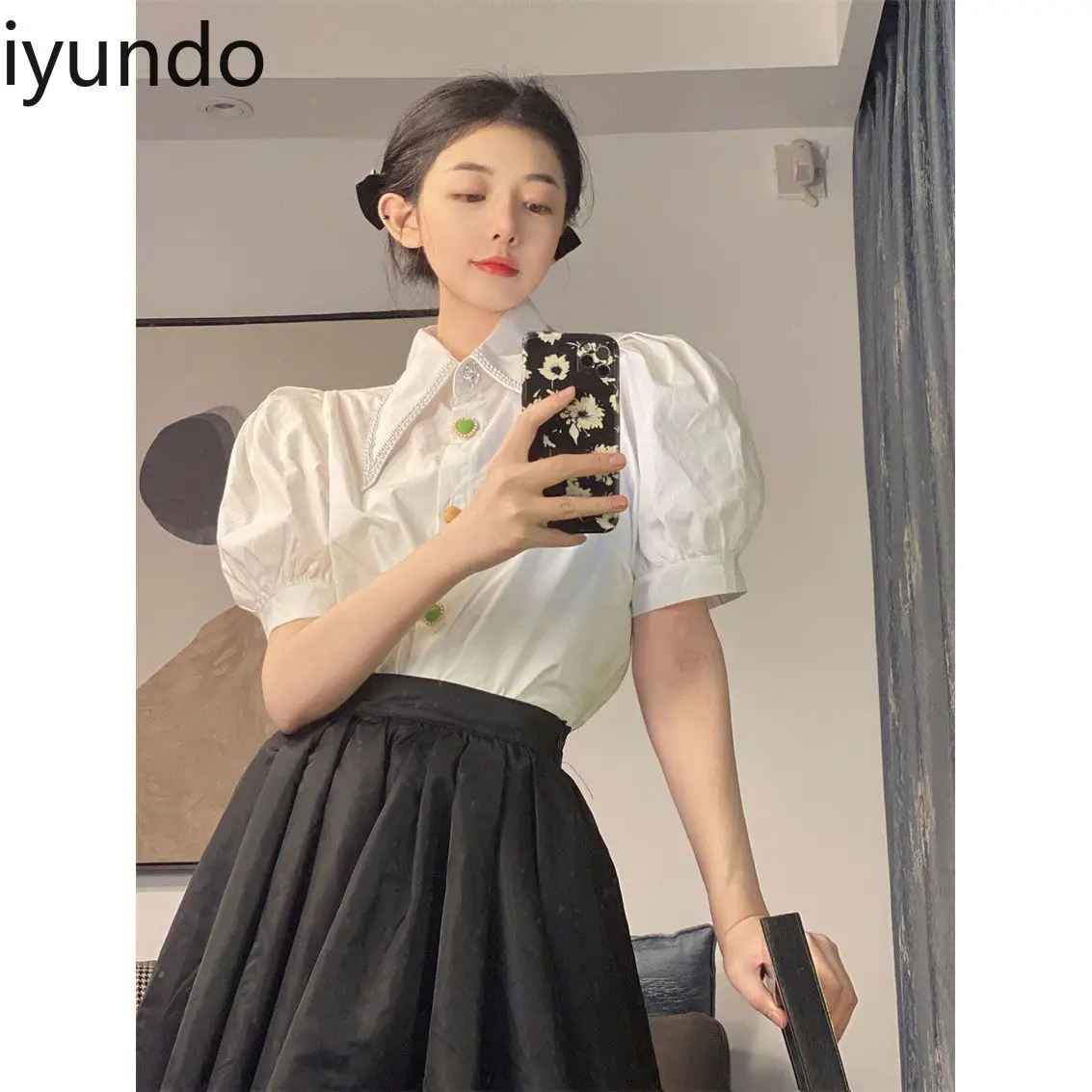 Franse zoete kant borduurwerk strikkraag bubble mouwen blouse voor zomer dagelijks/casual/feest kleine bloemenprint dames tops