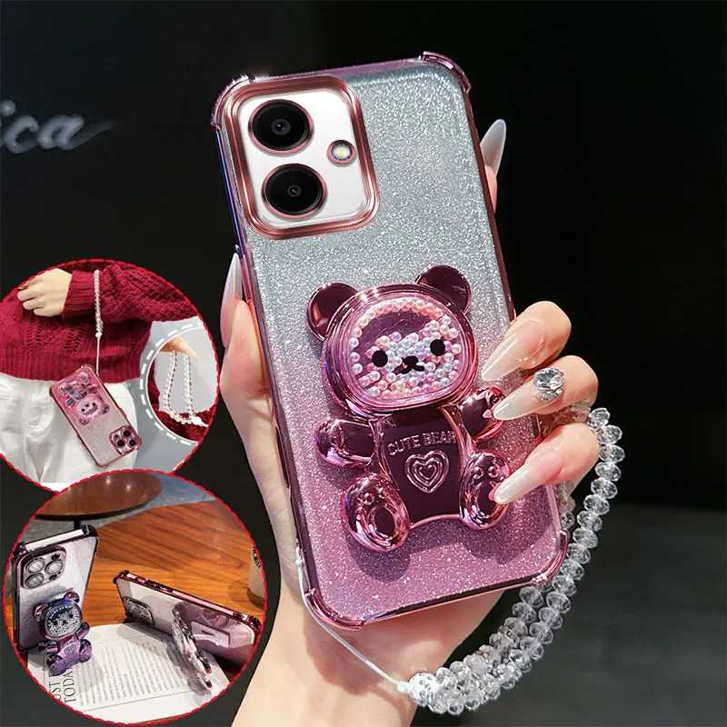 Stoßfeste Handyhülle mit 4 Ecken und 3D-Bärenständer, Kristallkette, Glitzer, transparent, für Honor Play 10 Play10, Rückseite