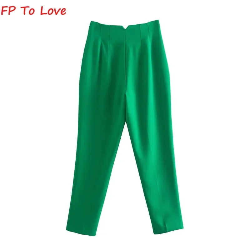 Woman Pencil Pants Elegant Casual High Waist Zipper Trousers Suit 2022 Spring Summer Long Bright Blue Green Beige FP To Love