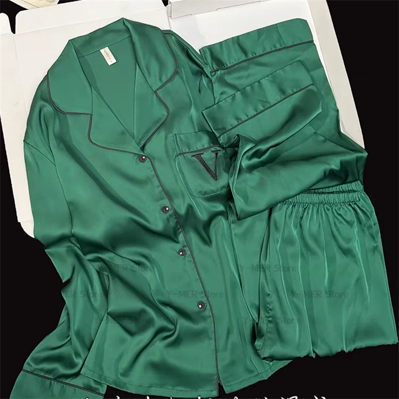 2025 Spring Summer New Pajamas Green Embroider Letter Sleepwear Long Sleeve Top Pants Luxury Rayon Pijama Mujer Loungewear