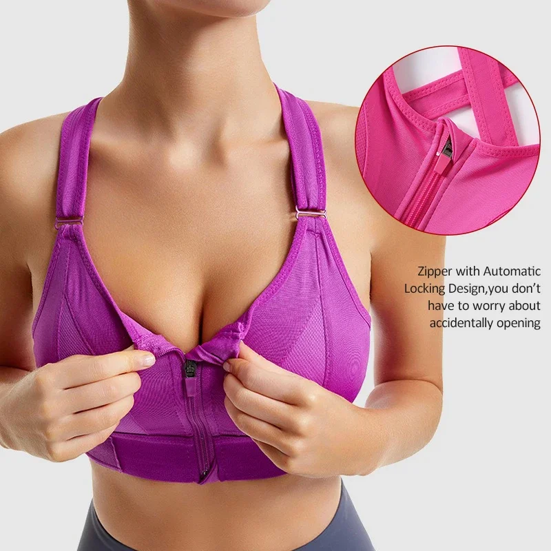 Aiithuug Sexy Zip Front Closure Strappy Criss Cross Yoga Bra Women\'s Padded Shockproof Gathered Seamless Wireless Sport Gym Bras