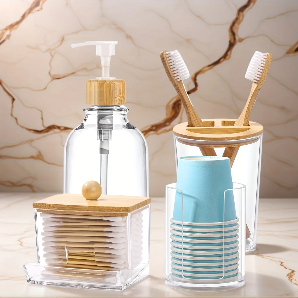 Bathroom Jar Accessories Set 4 Pcs - Clear Toothbrush Holder Plastic Soap Dispenser Bathroom Cup Dispenser Qtip Holder