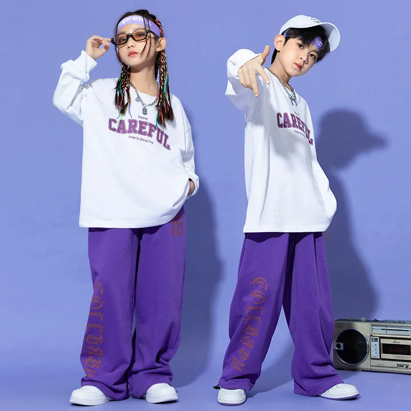 

Girls Group Jazz Dance Costume White Tops Purple Pants Suit Children Kpop Clothing Ballroom Hip Hop Stage Outfits