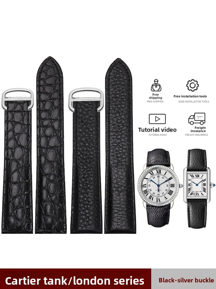 Crocodile skin watch strap For Cartier Tank London Solo Lychee textured cowhide Watchband Men Women band 16 17 18 20 22 23 24mm view 2