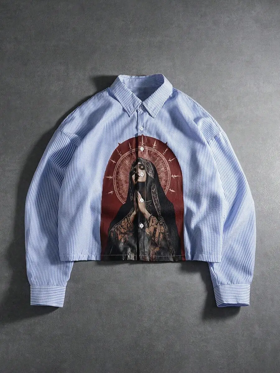 

Men's Striped Long Sleeve Cropped Shirt with Religious-Inspired Graphic Print