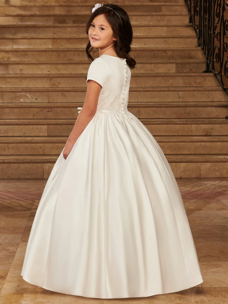 Robe Brodée en Satin Ivoire avec Ceinture à Nministériels d pour Fille, Vêtement à Fleurs, Manches Courtes, pour Mariage, ixd'Anniversaire, Banquet, Princesse