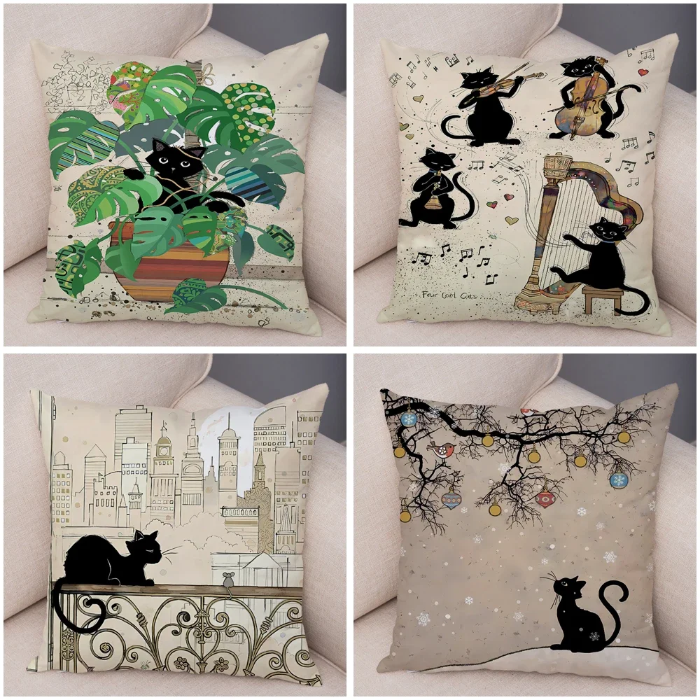 Double Print Cute Elegant Black Cat Cushion Cover Decor Cartoon Animal Pillow Case for Sofa Home Car Soft Plush Throw Pillowcase