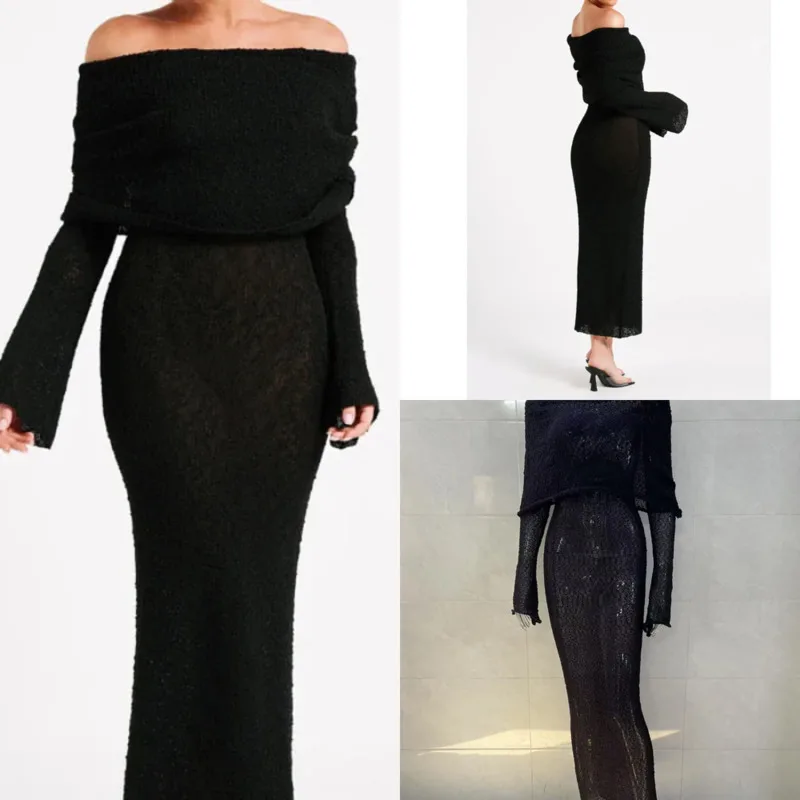 

Elegant Women Off Shoulder Long Sleeve Knit Maxi Dress Slim Fit Hollow Out Sexy Bodycon Knitted Long Dress Party Evening Outfit