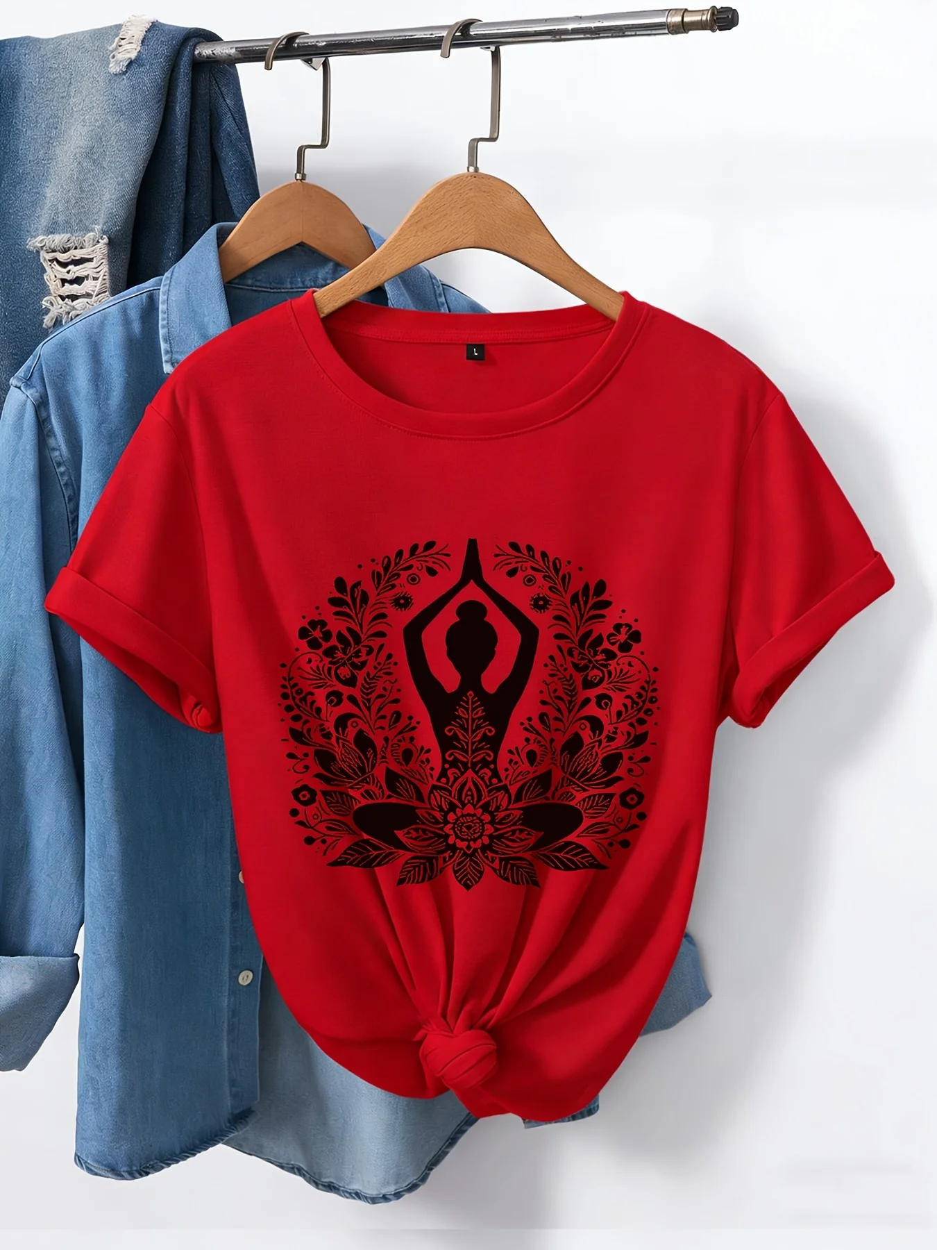 Lotus Mandala Printed T-shirt - Bohemian Ethnic Design Breathable and Comfortable Round Neck Casual Yoga Top Machine Washable