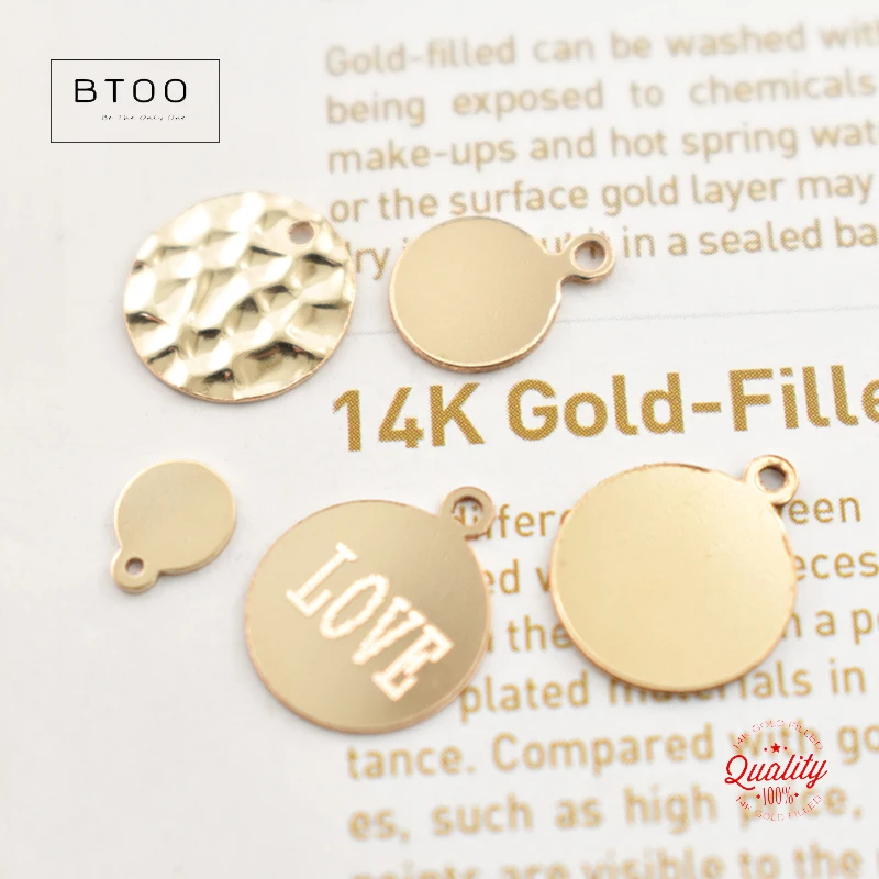 14K Gold Filled 10MM Round Disc with Hole Letter Hammer Gold Charm Jewelry for DIY Bracelet Necklace Making Jewelry Findings