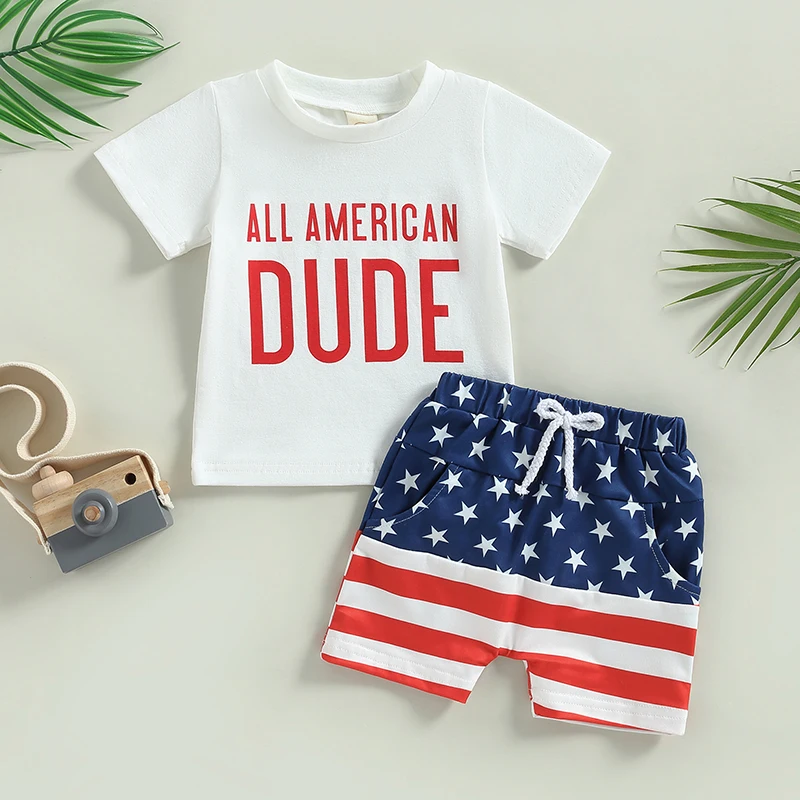 

Toddler Boys 4th of July Outfits Short Sleeve Letter Print T-Shirts Knot Front Shorts Set Summer Boys Casual Sunsuits Set