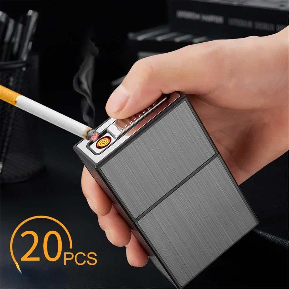 2024 Can Hold 20 Metal Cigarette Case USB Lighter Windproof Jet Rechargeable Gas Lighter Men\'s Gadget Smoke Accesoires