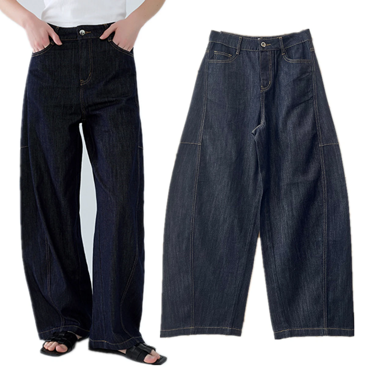 

Jenny&Dave Minimalist High Waisted Comfortable Natural Cotton Navy Wide Leg Jeans Boyfriend A-line Denim Pants For Women