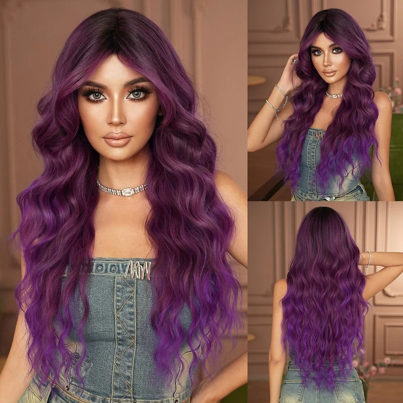 Monet purple  gradient long curly hair big waves naturally fluffy full head
