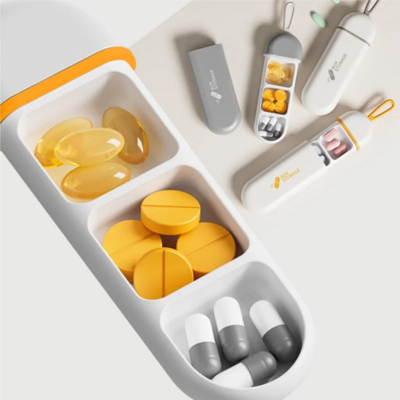 Tragbarer, farbenfroher Medizinkoffer mit 3 Räumen, Behälter für das Gesundheitswesen, Pillendose, Splitter, Reise-Pillendose, winzige Box, leicht zu tragen