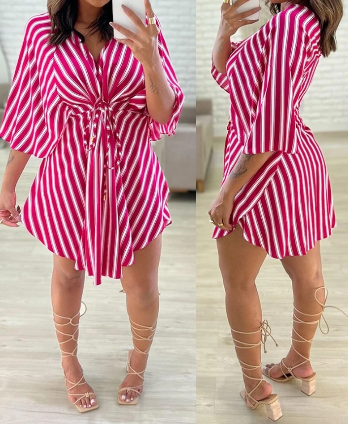 Women's Shirt Dress Striped Tied Detail Casual Dress 2024 Spring Latest Fashion and Comfortable V-Neck A Line Daily Mini Dress