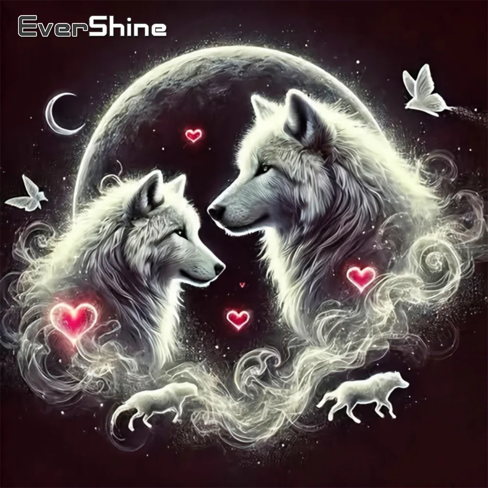 EverShine Diamant-Gemälde mit vollständiger Besatzung, Tierbild, Strass-Mosaik, Wolf, Kreuzstich, Stickerei, Mond, geeignet für Anfänger
