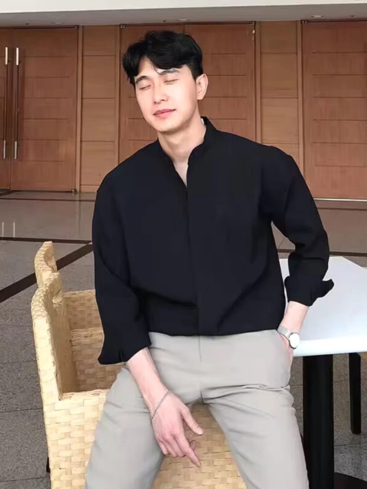 

Slim Fit Long Sleeve Shirt for Men with Hidden Buttons Casual Stand Collar Business Casual Versatile Pure Color Shirt for Teens