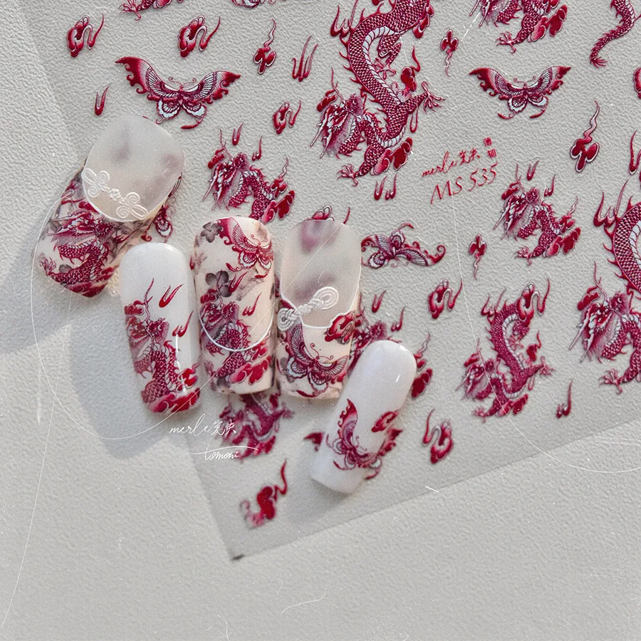 1pc 5D Vintage Drachen Muster Nail art Aufkleber Chinesische Mythologie Xiangyun Stickerei Schmetterling Aufkleber Geprägte Retro Maniküre DIY