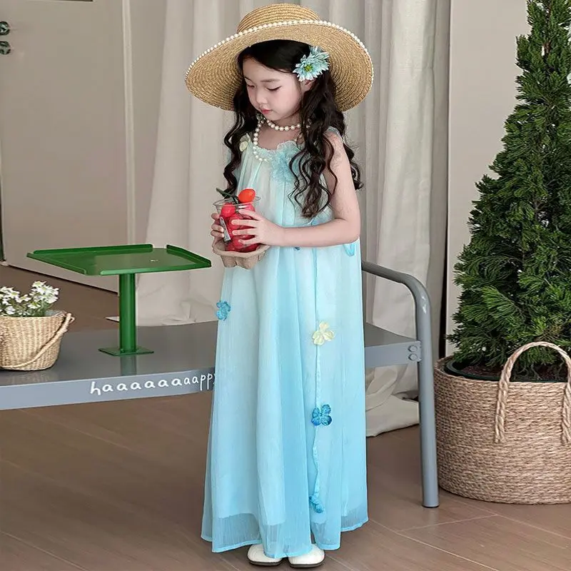 Girls' Dress Summer New Children's Beach Vacation Long Fashion and Solid Color Kids Beautiful Dress