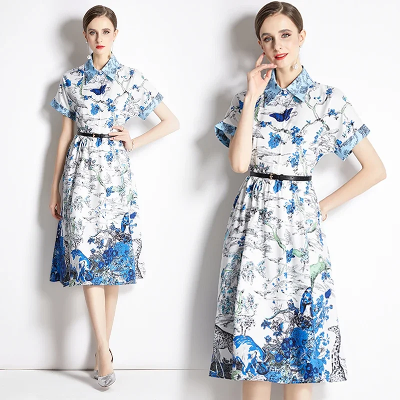 

Summer New European Goods Light Luxury Fashion Temperament Printed Waist Dress women clothing