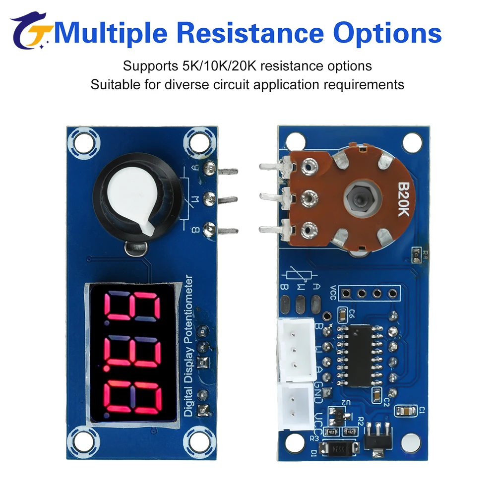 Single Channel Digital Potentiometer Module - 5K/10K/20K Adjustable Resistor with 3-Digit LED Display for Precision Control
