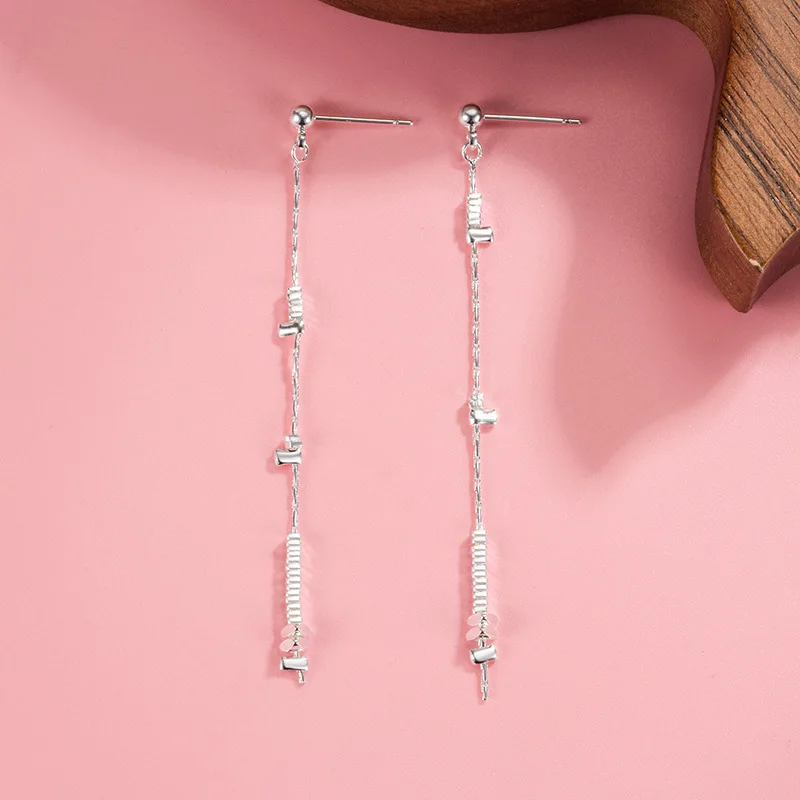 New Fashion Long Tassel 925 Silver Earrings Versatile Asymmetry Earring for Women Summer High-end Shiny Earring KOFSAC