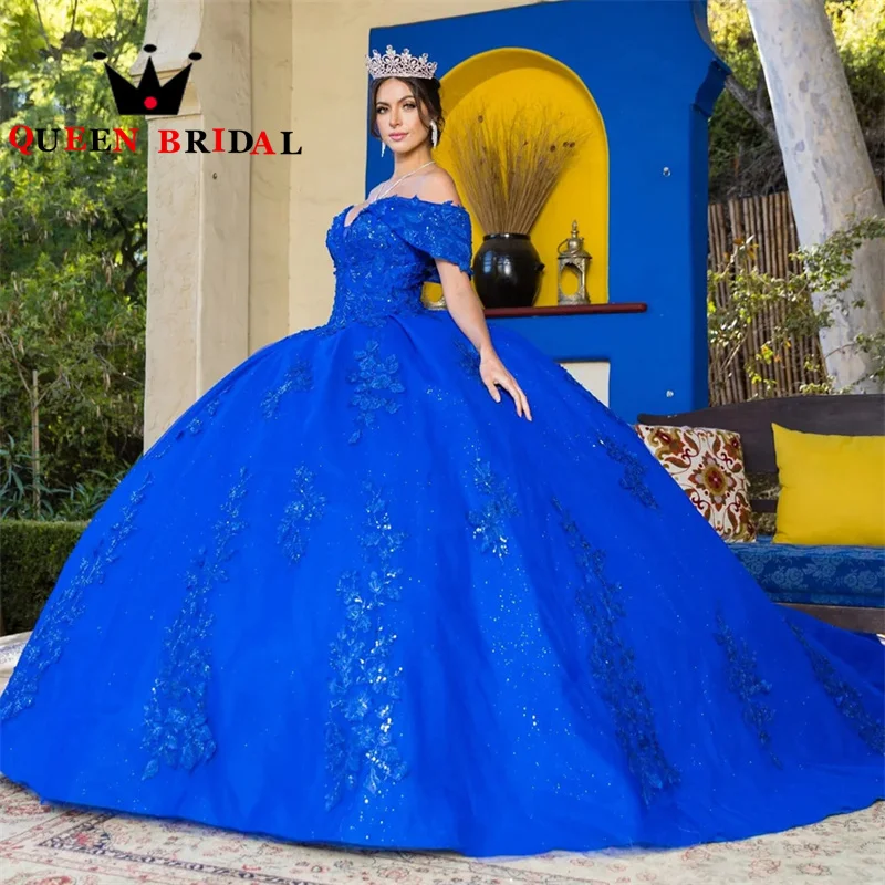 Charming Sequin Floral Appliques Quinceanera Dresses Off shoulder V Neck Vestidos De 15 Quinceañeras Ball Gown Custom L77M