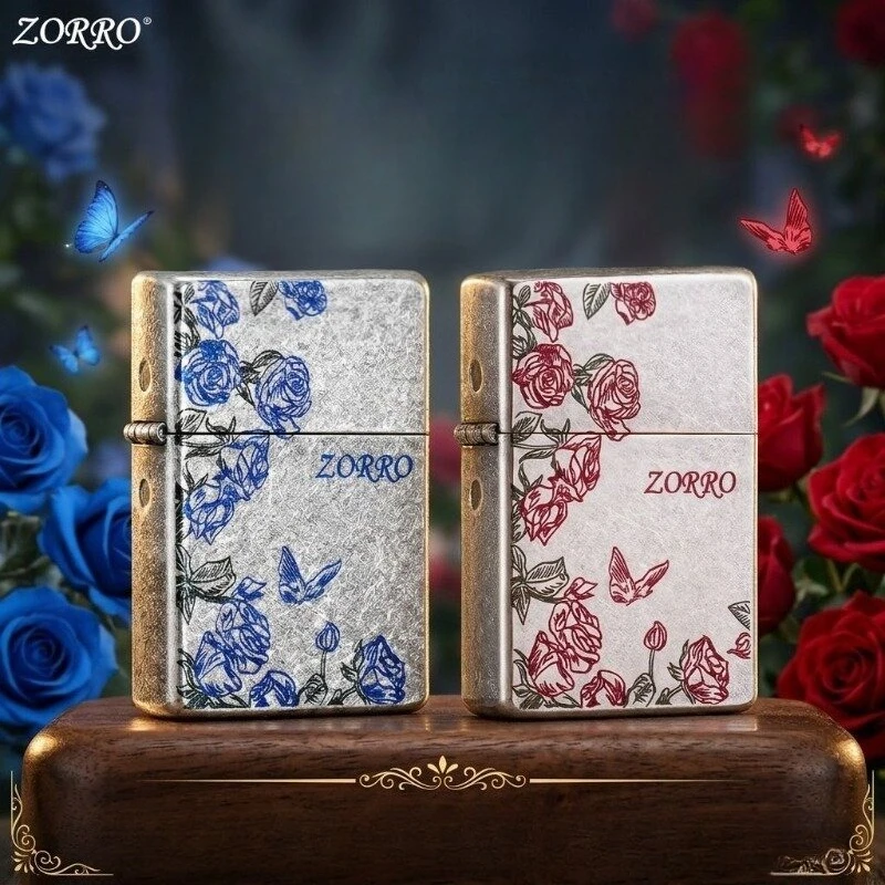 Zorro Butterfly Love Rose Antique Silver Knurled Series Windproof Kerosine Lighter for Male and Female Friends Gift Accessories