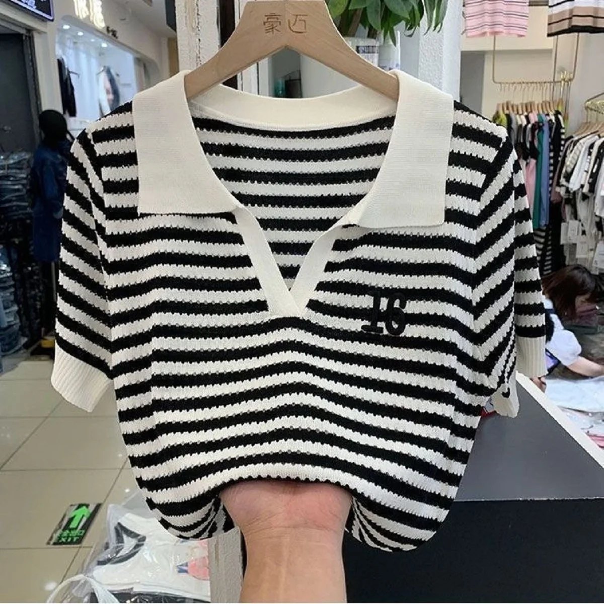 Summer Tee Hollow Out Contrast Colors Striped Patchwork Korean Fashion Casual Pullover Short Sleeve Korean Fashion Polo Tops
