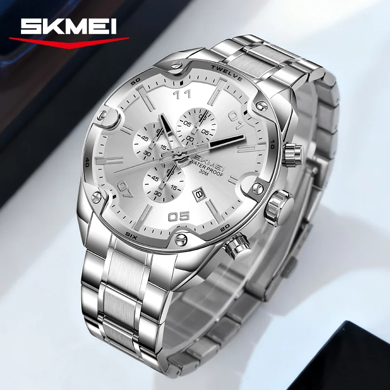 SKMEI 9387 Fashion Calendar Chronograph Stainless Steel Strap Casual Business Watches for Man reloj hombre Men’s Quartz Watch