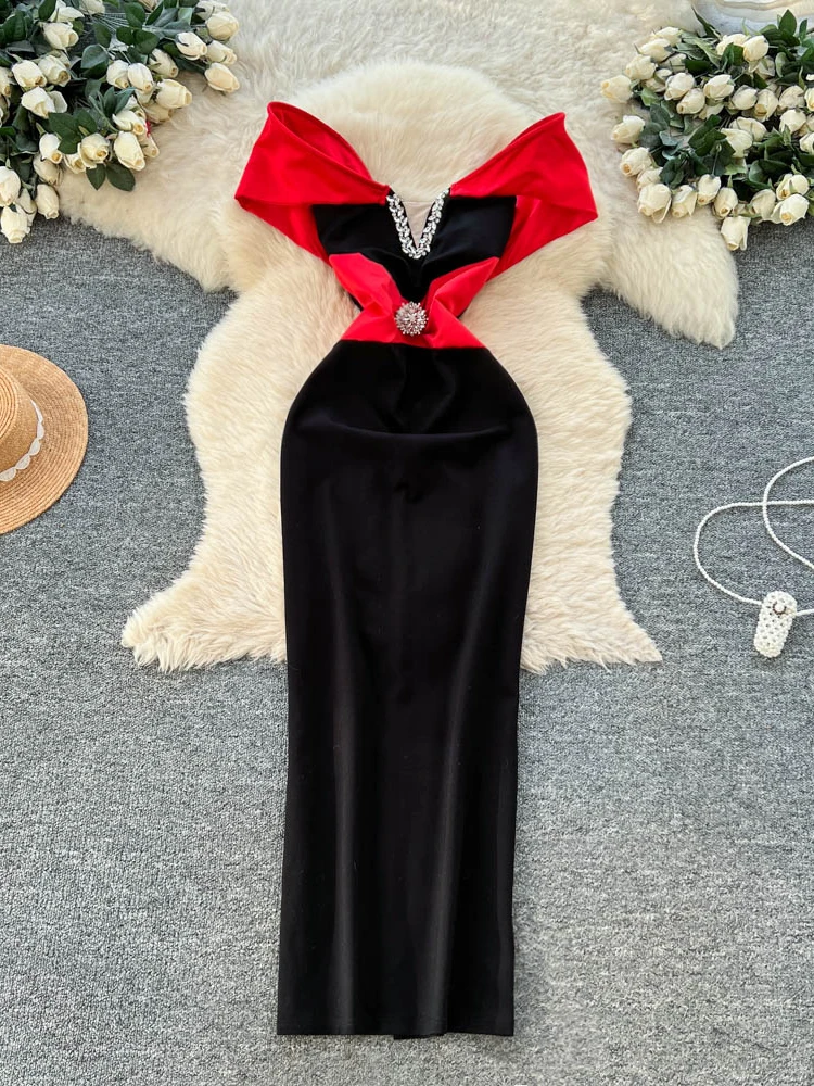 

Ele V-Ne Diamond Embedded Dr Women's High Waist Slimming Long Dr Luxury Sle Commute Korean Sle Summer Dr