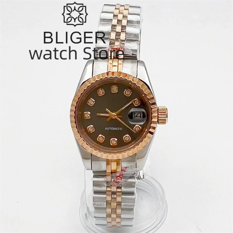 BLIGER New 26mm Women\'s Silver Rose Gold Classic Mechanical Watch NH05 Movement Gray Dial Sapphire Glass Women\'s Elegant Watch