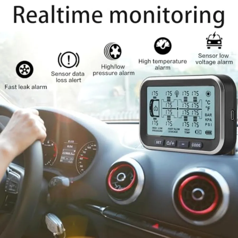 RV Tire Prure Monitoring System, 0-199PSI TM TPMS.5-inch Screen with, 6 Alert Modes, Signal Booster, Long Distance Signal Trans