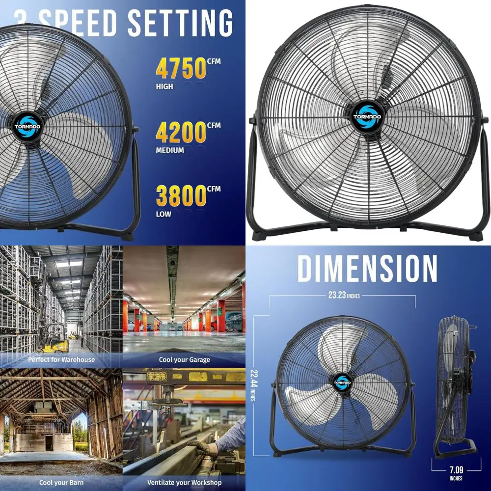 

20-дюймовый высокоскоростной металлический напольный вентилятор, 3 скорости, 120 ° Шнур с регулируемым углом наклона, 6 футов, сертифицирован UL, черный