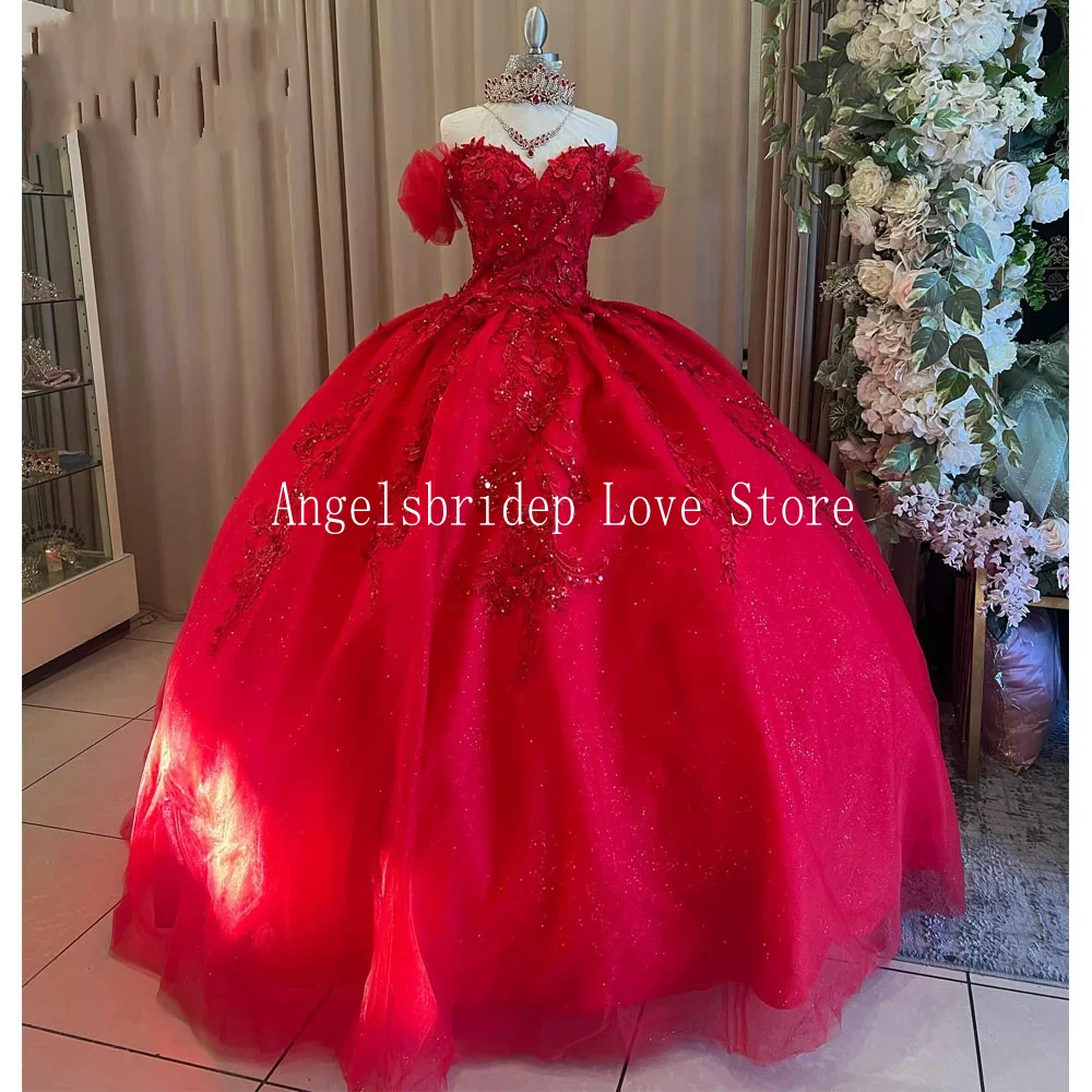 Angelsbridep Glitter Red Ball Gown 15 Year Old Quinceanera Dresses 2024 With Appliques Princess Birthday Party Dress