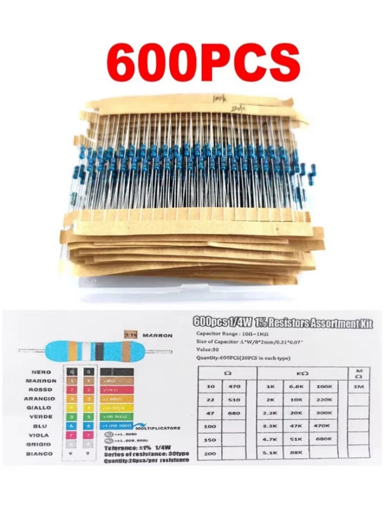600 Stück 1/4W Metallfilm-Widerstände, Paketgenauigkeit 1 %, 10R-1M Widerstandswerte, je 20 Stück von 30 Arten