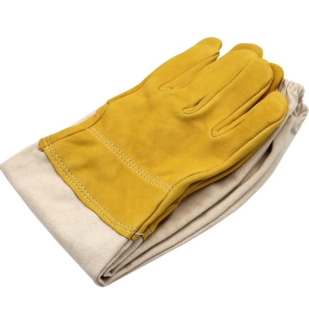 3 Pairs Professional PU Leather Beekeeping Gloves Ventilated Canvas Yellow Gardening Gloves XXL Thick Protected Long Gloves
