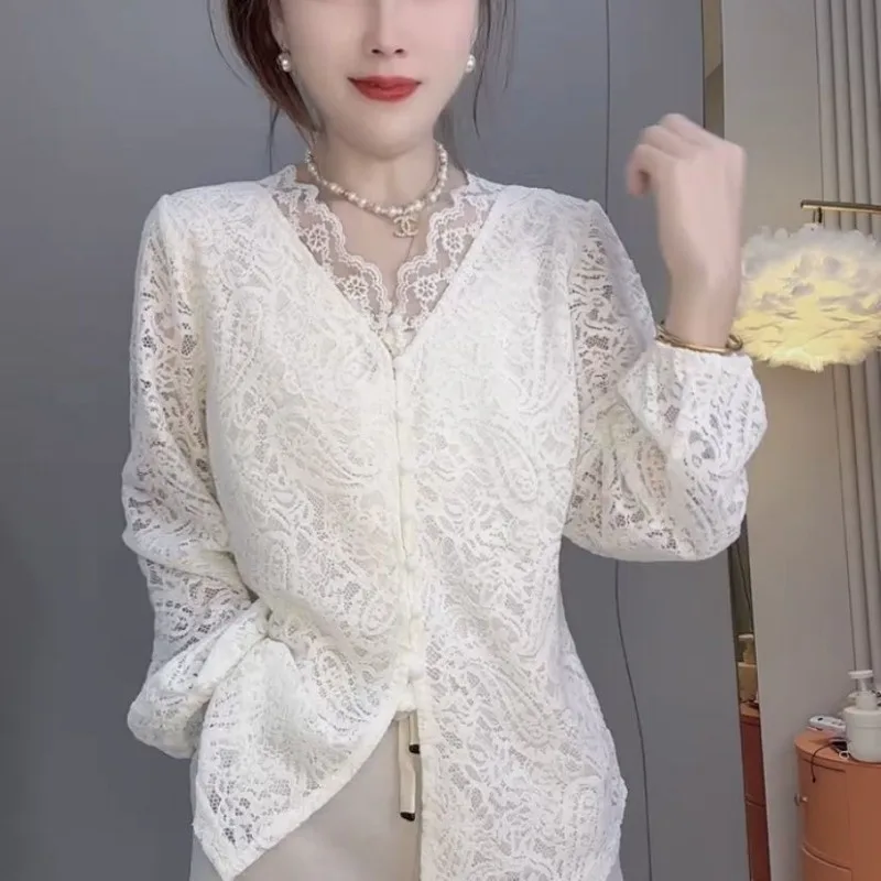 

Simple New Lace Jacquard Cardigan Button-up Shirt Long Sleeves Women's Fashionable and Versatile Shirt Top