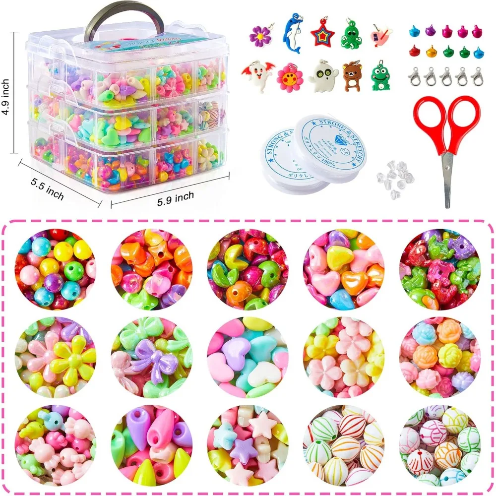 Beads for Kids Crafts, 1100 Jewelry Making Kit Includes Scissor, String, Instruction and Accessories for Bracelet Making, Toys f