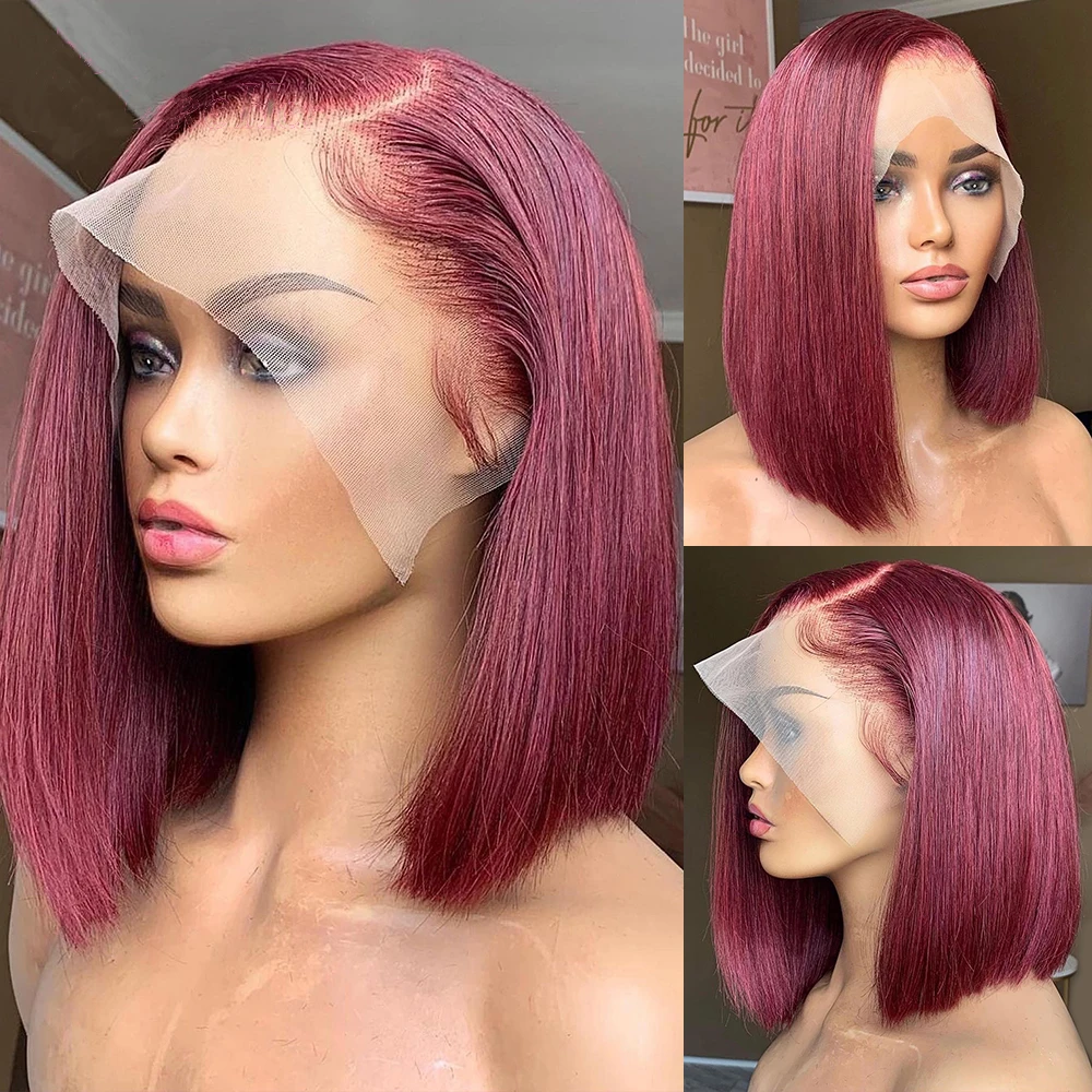 Wig Bob pendek renda merah muda 13x4 Wig Bob pendek renda rambut manusia Wig Bob pendek lurus coklat warna # 99J untuk wanita rambut manusia