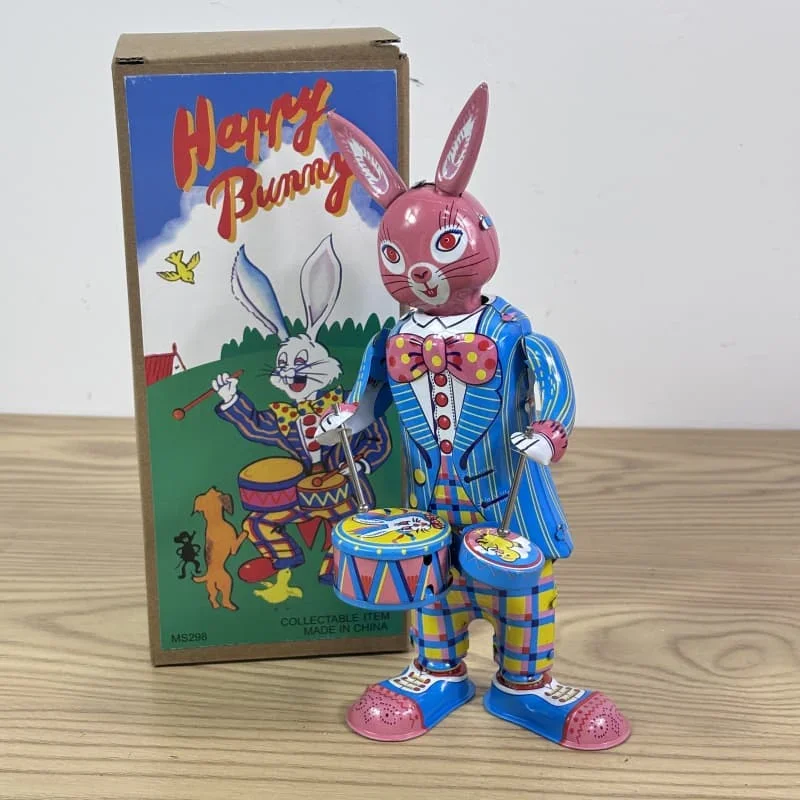 Jouet mécanique de collection classique, rétro, horlogerie, lapin heureux, liquimanquer, métal, marche, 18 tambour de jeu, robot lapin