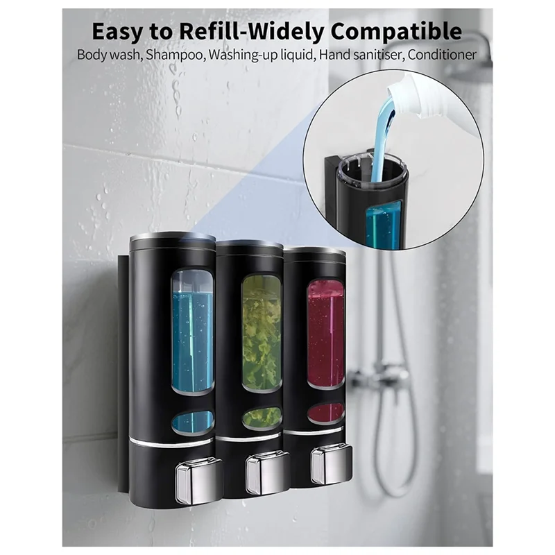 A74E-For Shower Shampoo Dispenser 1200ML Wall-Mounted 3 Chamber No Drill Body Wash Soap Dispenser For Bathroom Hotel