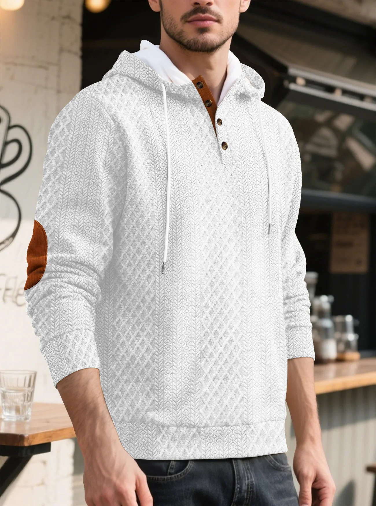 Men's Autumn and Winter Hooded Jacquard Contrasting Color Drawstring Casual Retro Loose Commuter Sweater Cw34730