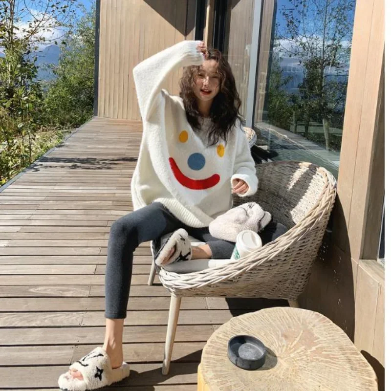 Korobov Chic Fashion Women Loose Mid-Length Knitted O Neck Smile Jacquard Sweater Streetwear Casual Pullovers Tops Mujer