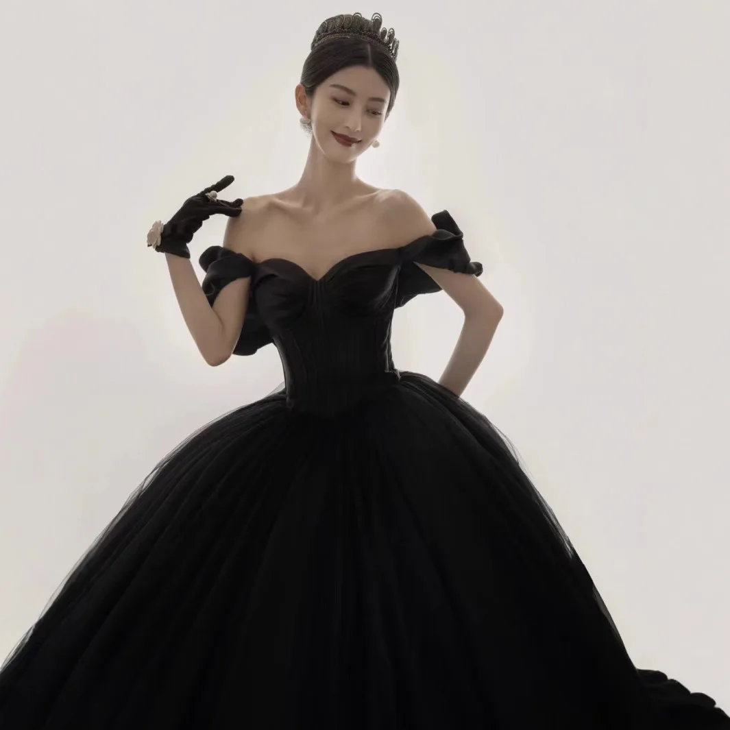 

Шелковое атласное платье для свадьбы на открытом воздухе в стиле Хепберн, черное, приталенное, для фотосессий, с длинной юбкой, с завышенной талией, бальное платье принцессы