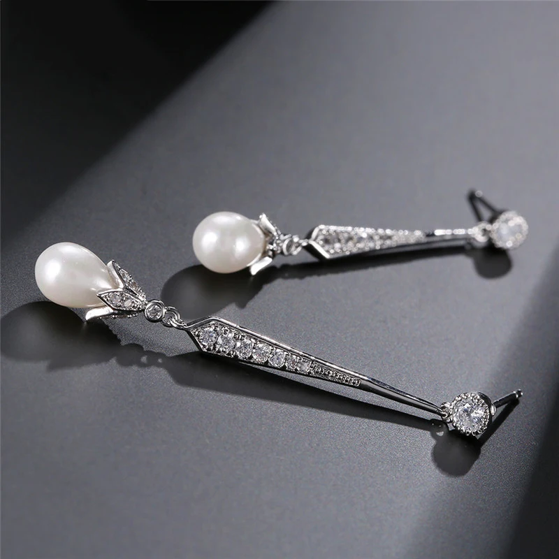 ZAKOL Elegant Imitation Pearl Pendant Long Earrings for Bridal Shiny AAA Cubic Zirconia Wedding Party Jewelry