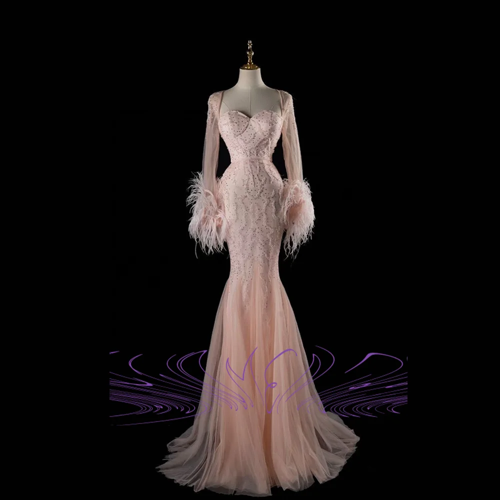

Luxury Feather Mermaid Evening Gown Long Sleeves Beaded Sequin Lace Tulle Sweetheart Formal Prom Dress for Women Gala Attire